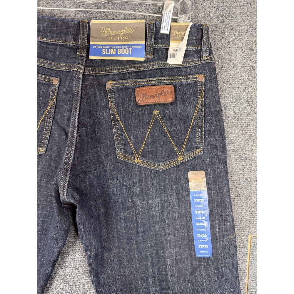 NWT Wrangler Retro Slim Boot Jeans Mens Blue Denim Size 33x32 Dark Wash - Picture 5 of 8